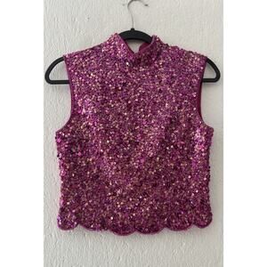 Vintage Laurence Kazar Beaded Jeweled Pink Mock Neck Sleeveless Top Size Small
